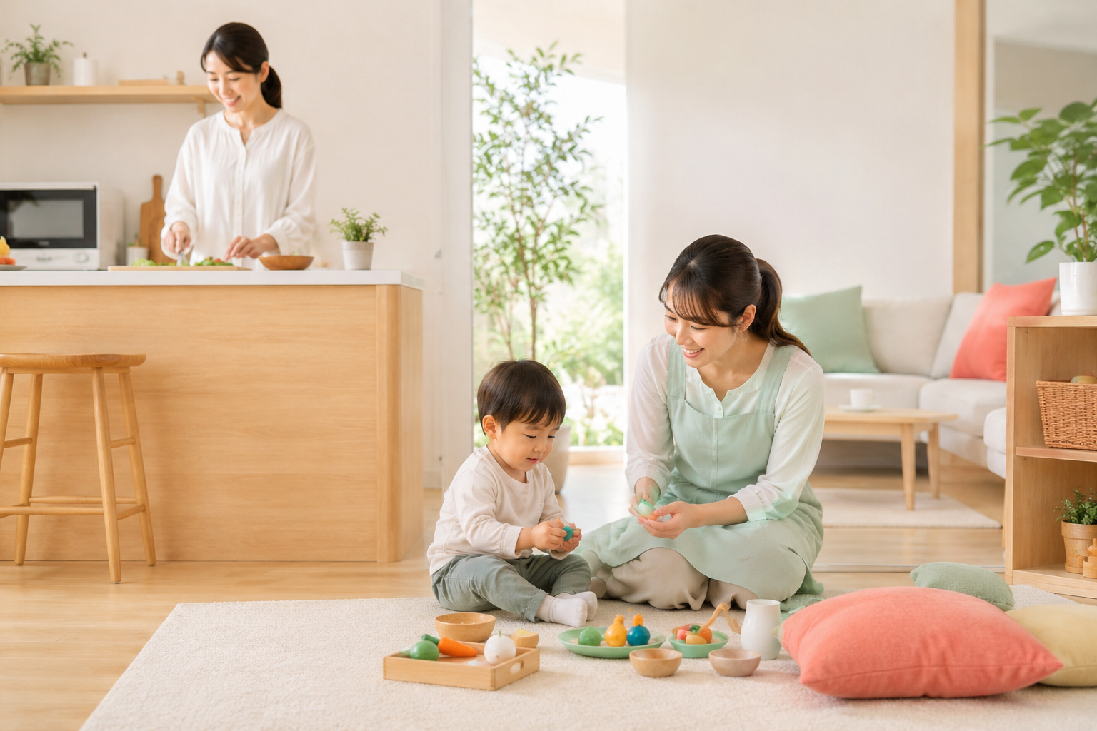 明るいリビングで、親のそばで子どもを見守るみまもりさん